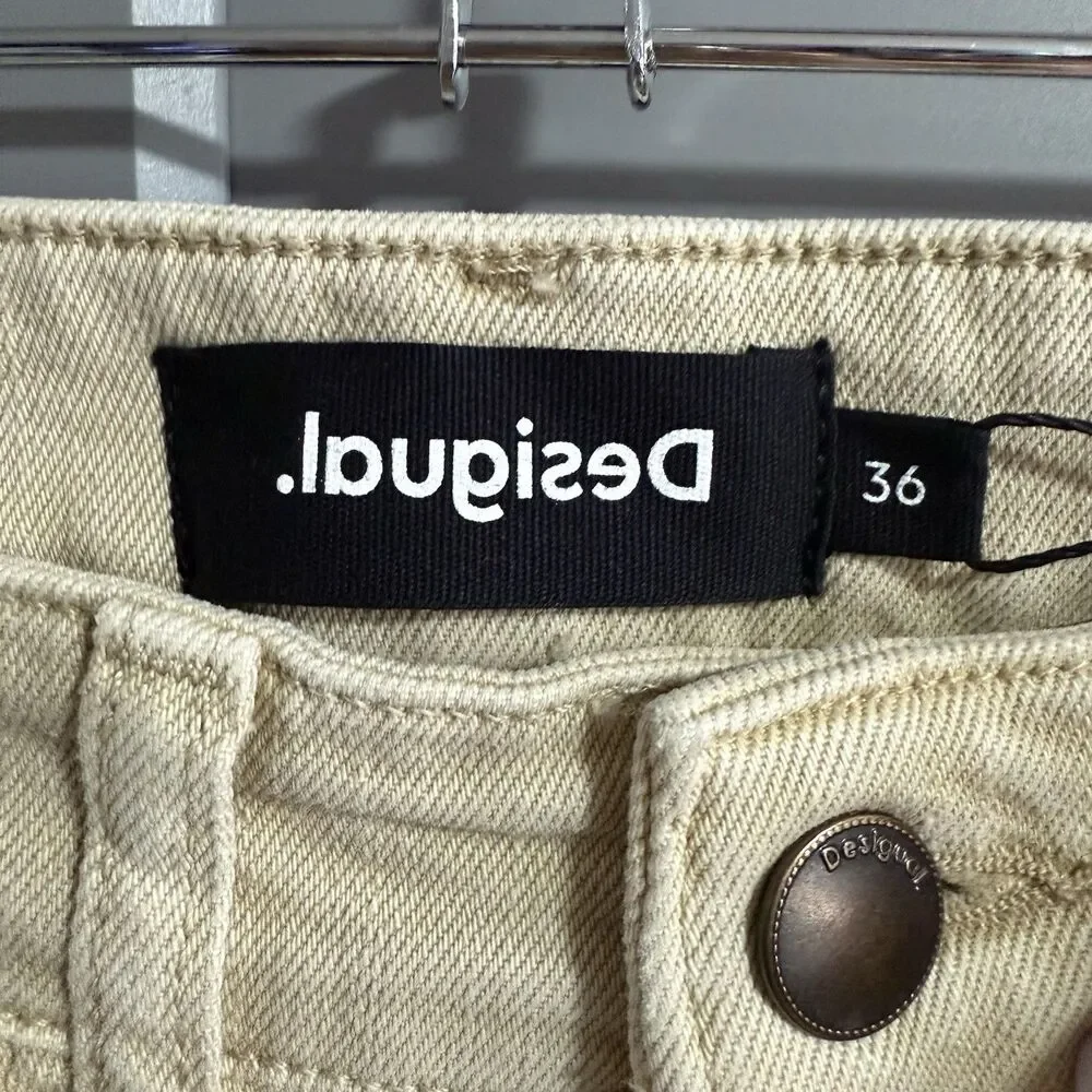 NWT Desigual Women Flare Cropped Ankle Jeans Khaki Beige 36 (US 2) Clean Girl